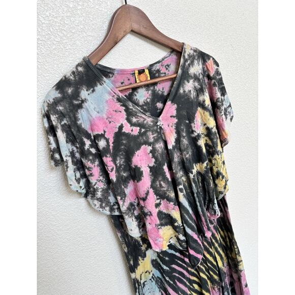 NEW Karma Circle USA black tie dye midi dress S/M stretch cape grunge beachy - Picture 2 of 6